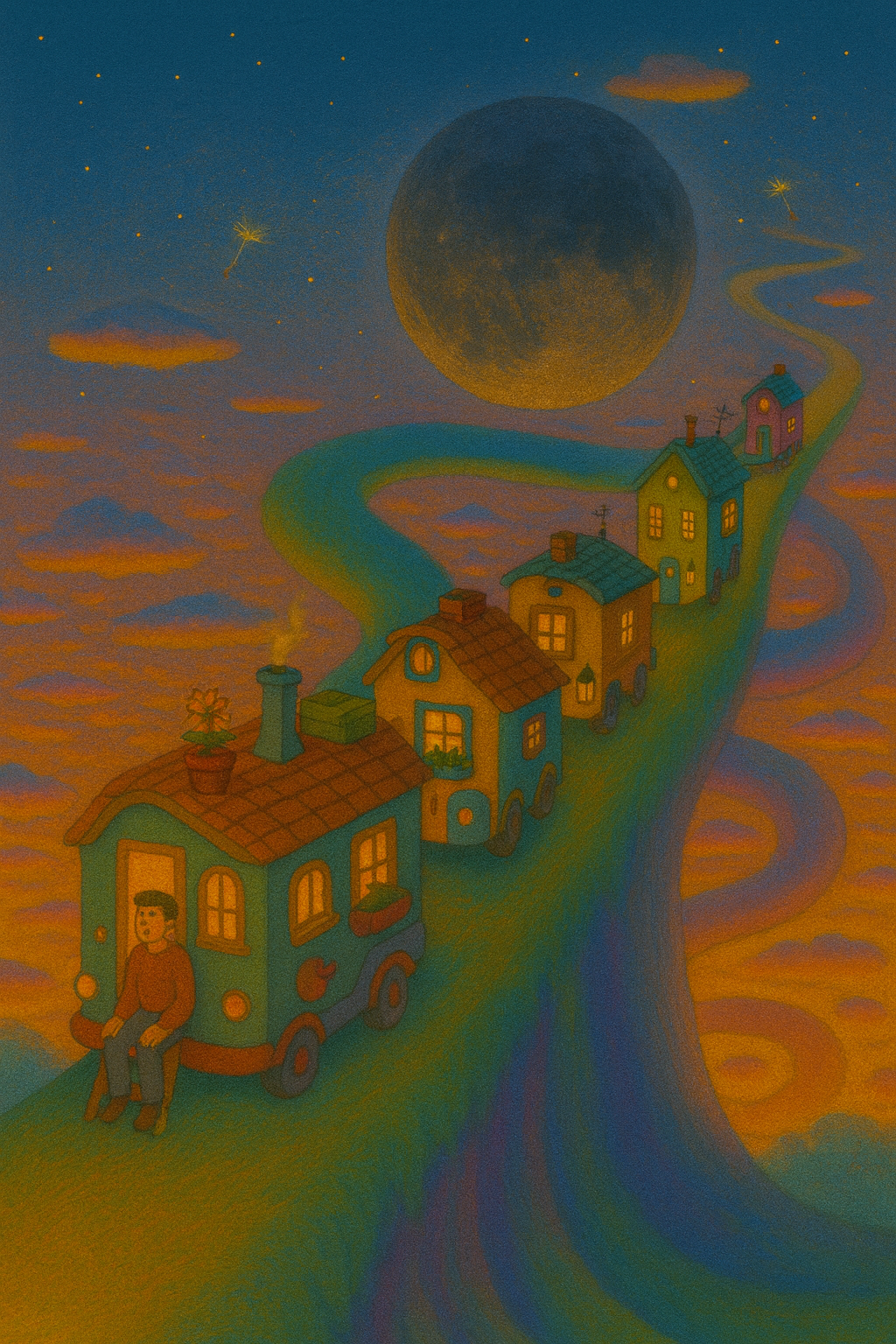 houses on wheels, surreal city