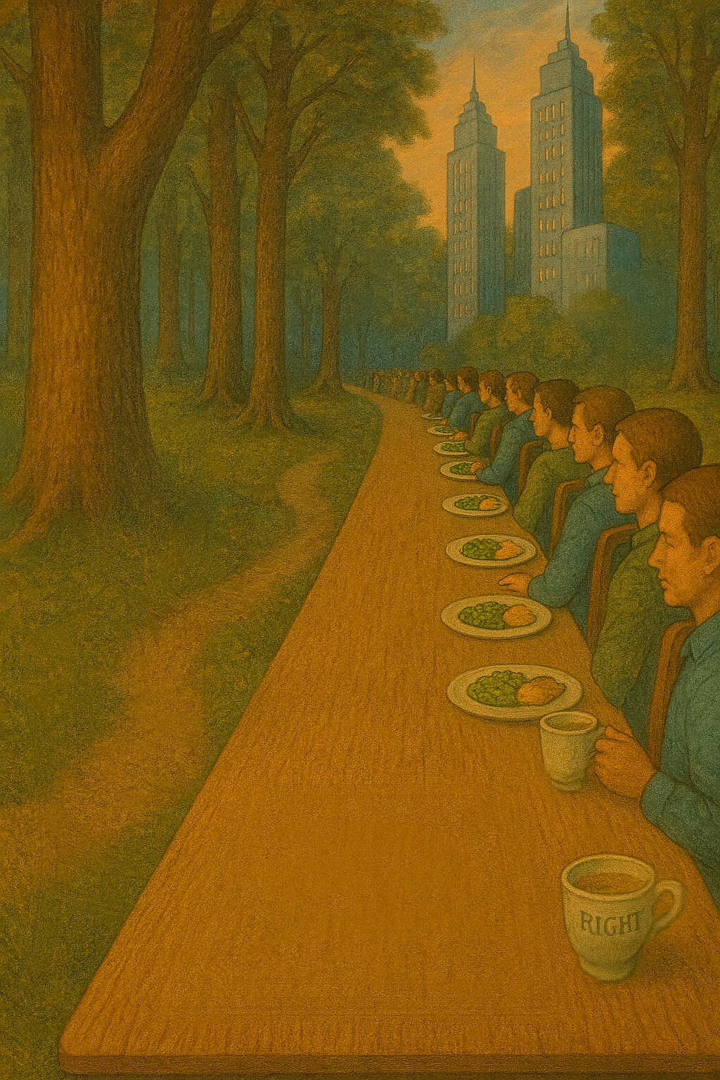 many people sit on the right side of the table, surreal image