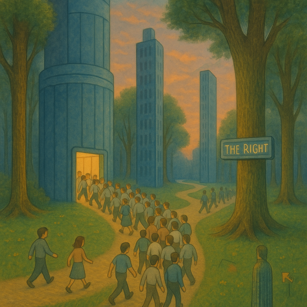 people going together to The Right café, surreal city