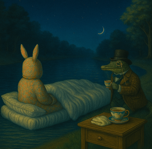 surreal crocodile looks like a gentleman, sitting on the beach with a cup of tea