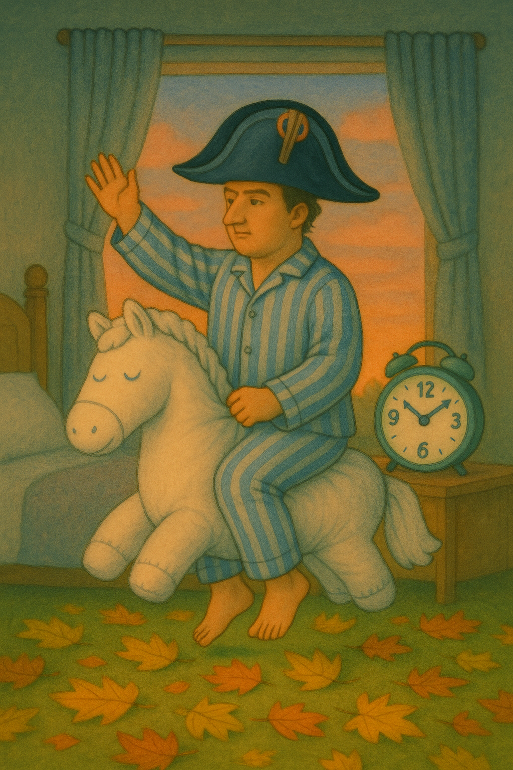 surreal picture of napoleon in pijamas on the pillow hourse
