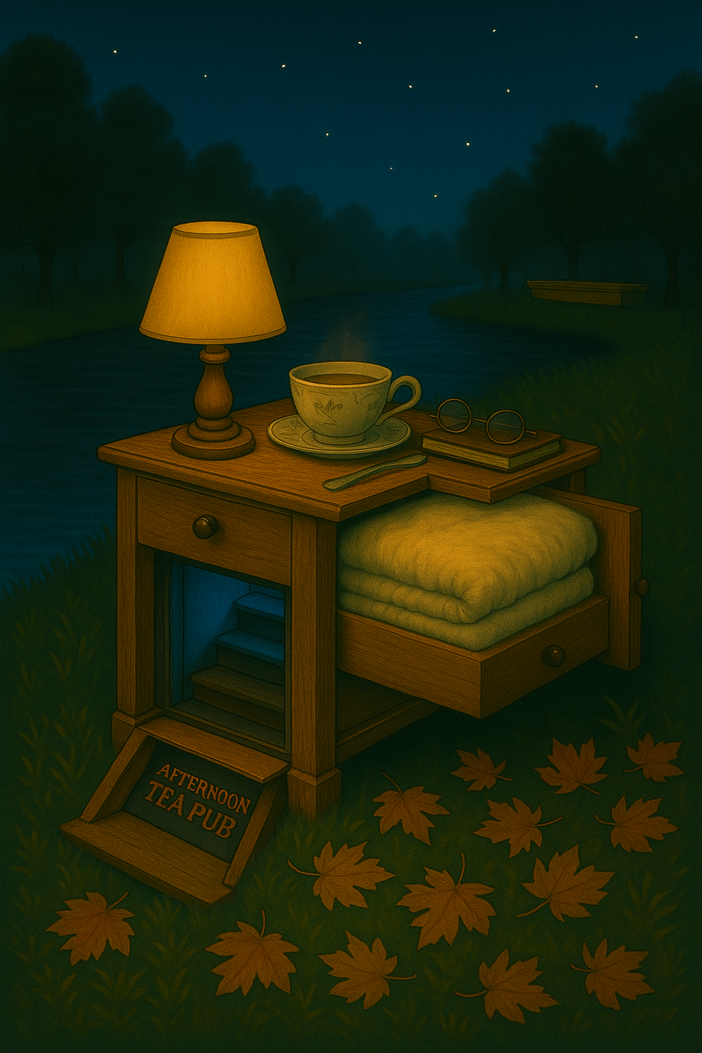 surreal night table with tea and stairs to the tea pub