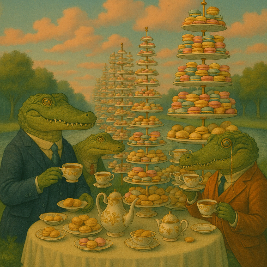 surreal crocodiles having tea party
