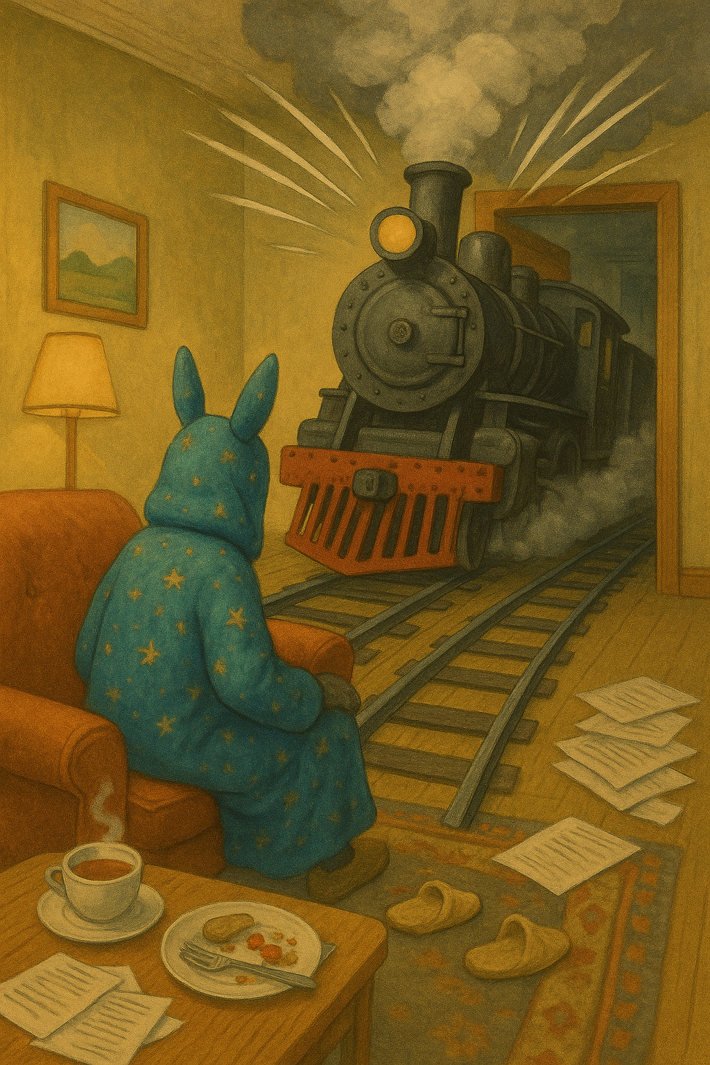 train, surreal locomotive crossing the living room