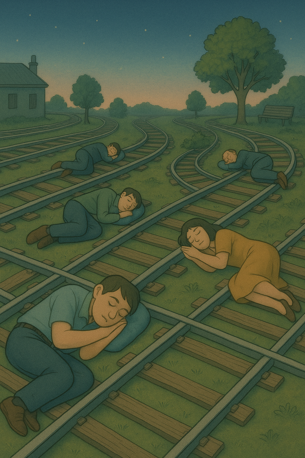 sleeping on the rails, surreal image of a people sleeping on the rails
