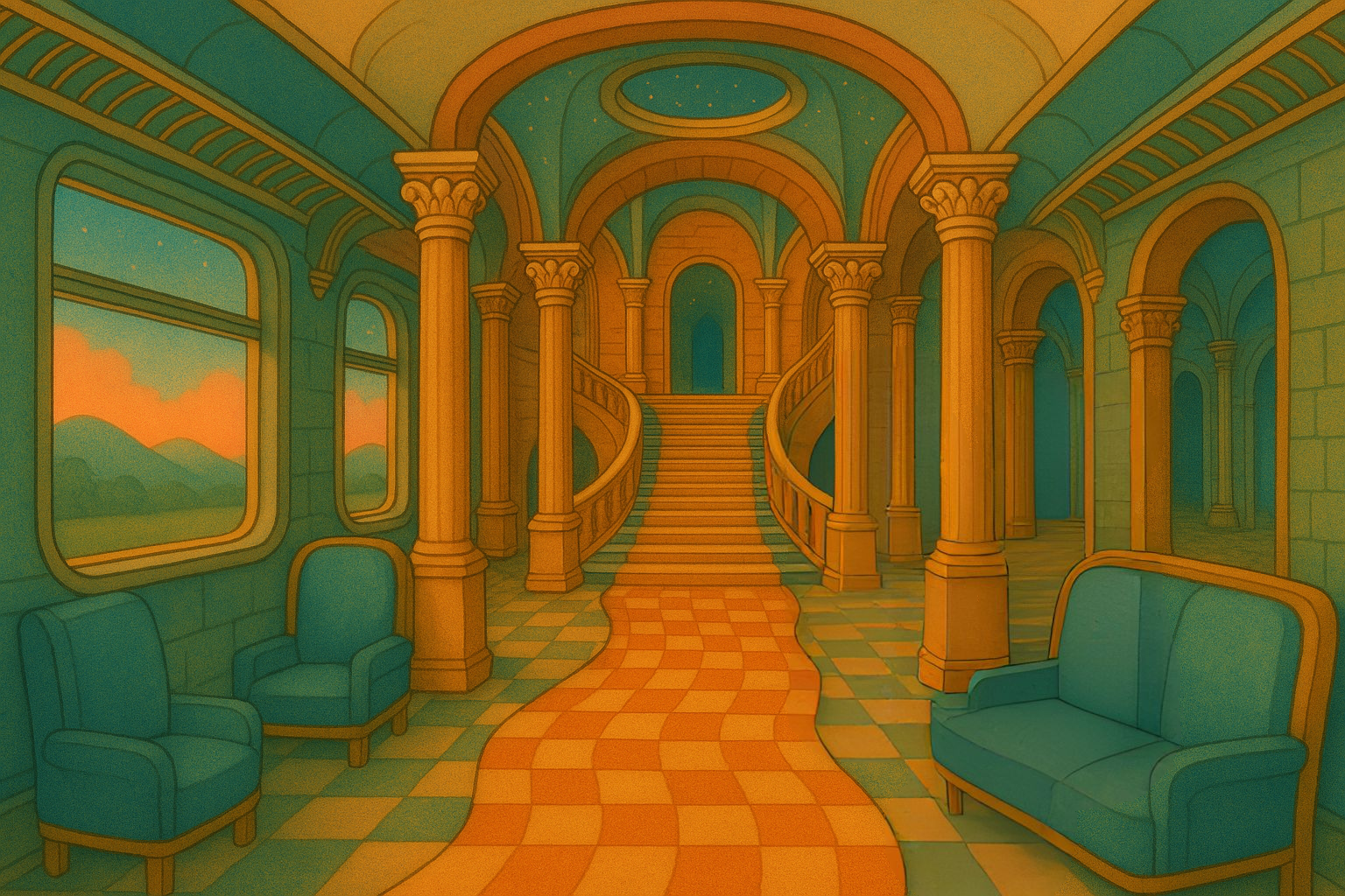 surreal image of a train palace