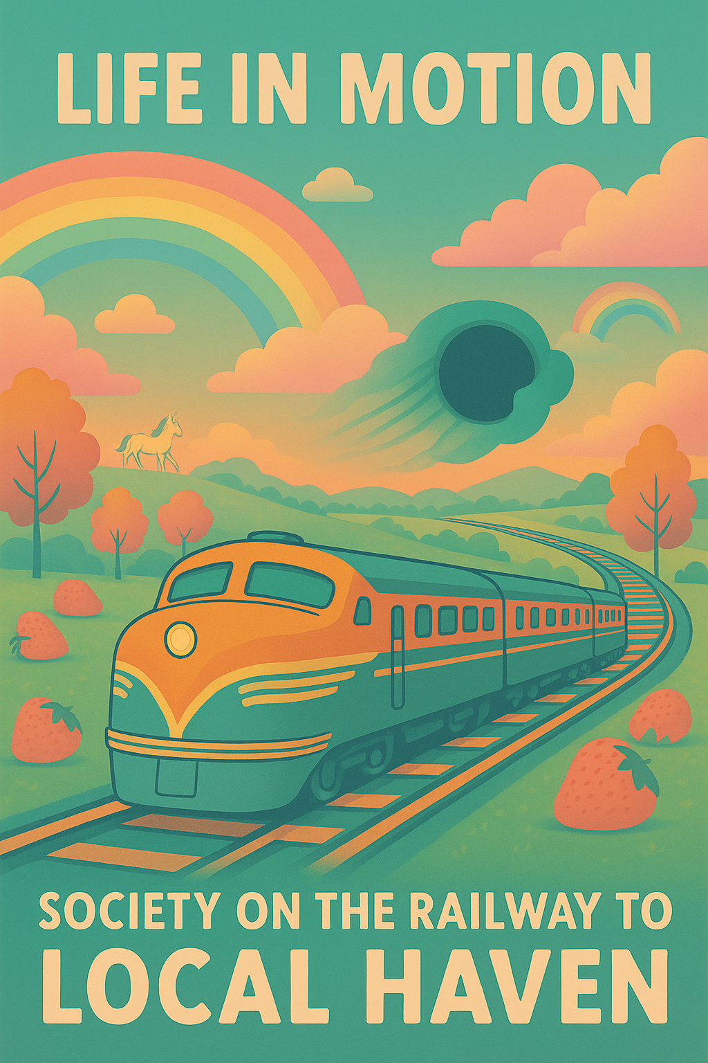 surreal placard about the life in motion on the railway